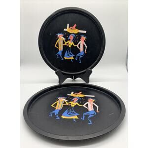 Folk Art Amish Barn Dance Hand Painted Metal Tray Vintage MCM 2 Read